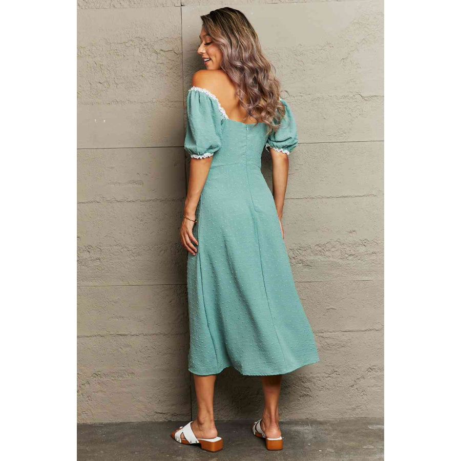 Swiss Dot Slit Off - Shoulder Dress Teal / S Apparel and Accessories