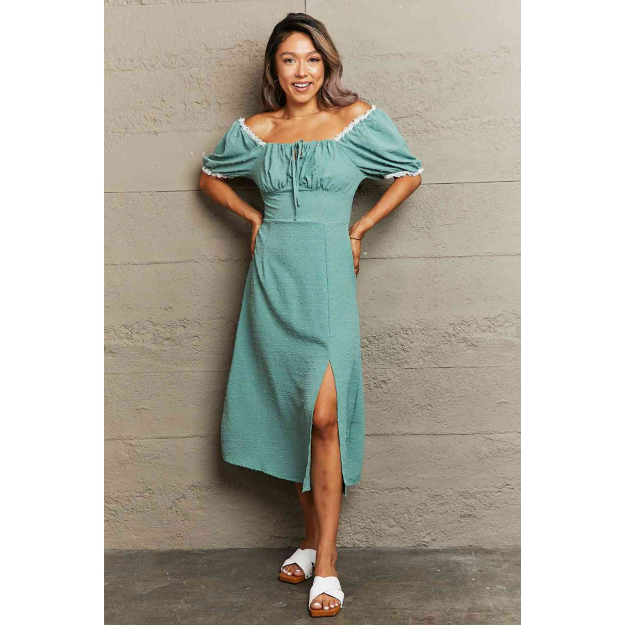 Swiss Dot Slit Off - Shoulder Dress Teal / S Apparel and Accessories