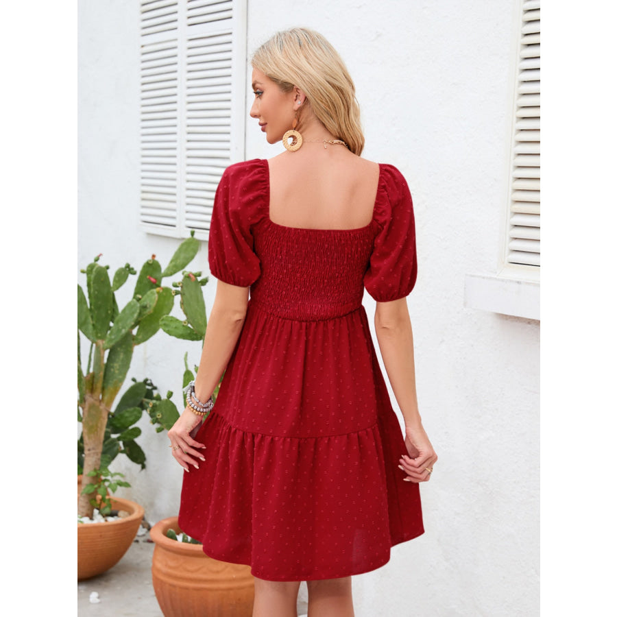 Swiss Dot Smocked Square Neck Dress Deep Red / S Apparel and Accessories