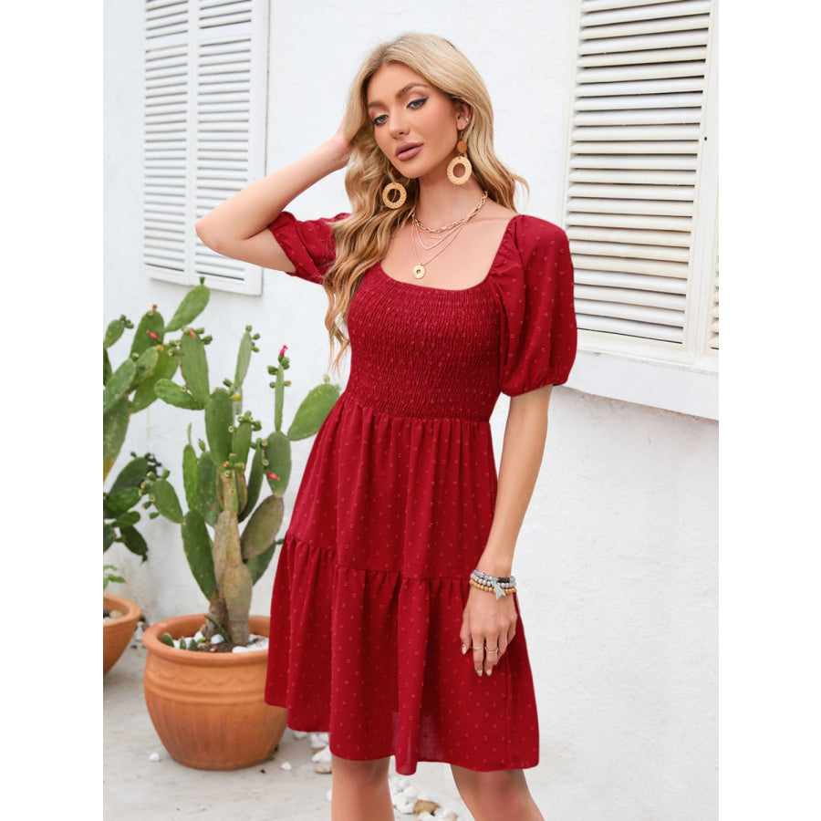 Swiss Dot Smocked Square Neck Dress Deep Red / S Apparel and Accessories