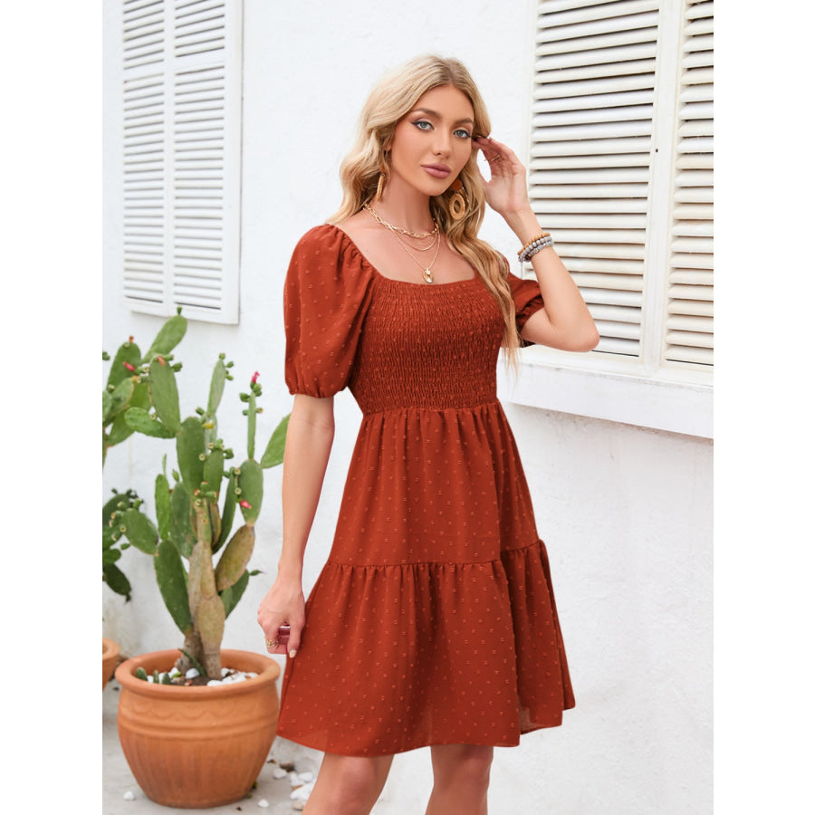 Swiss Dot Smocked Square Neck Dress Terracotta / S Apparel and Accessories