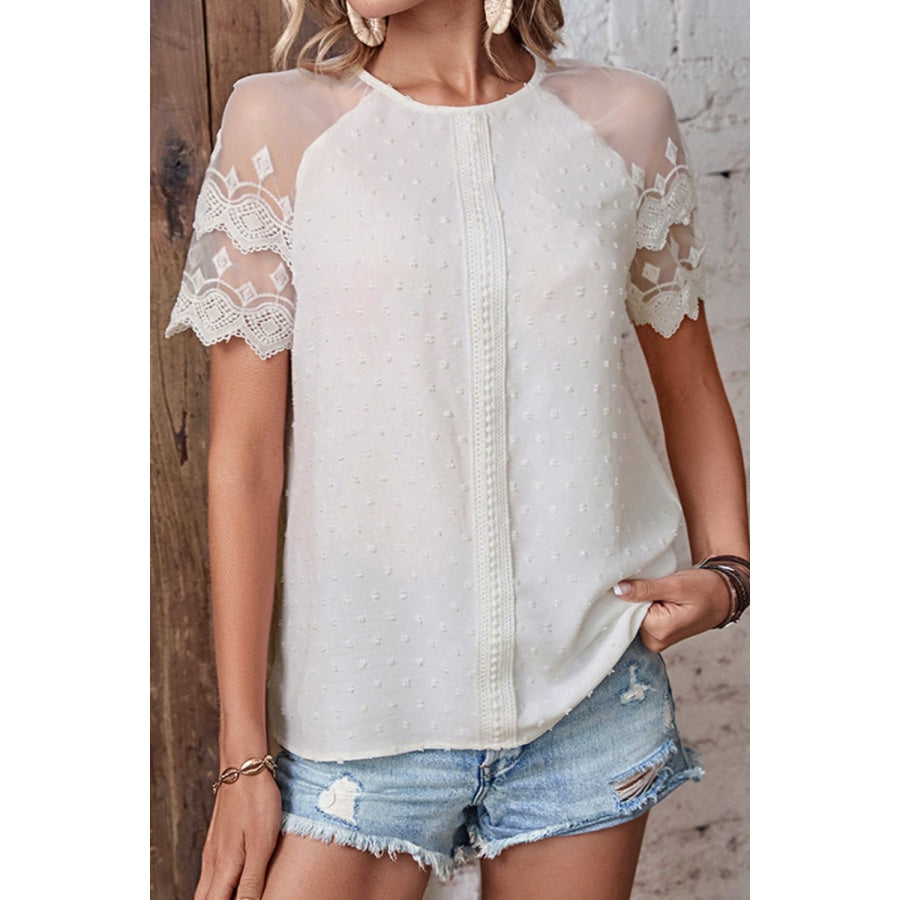 Swiss Dot Spliced Lace Round Neck Blouse