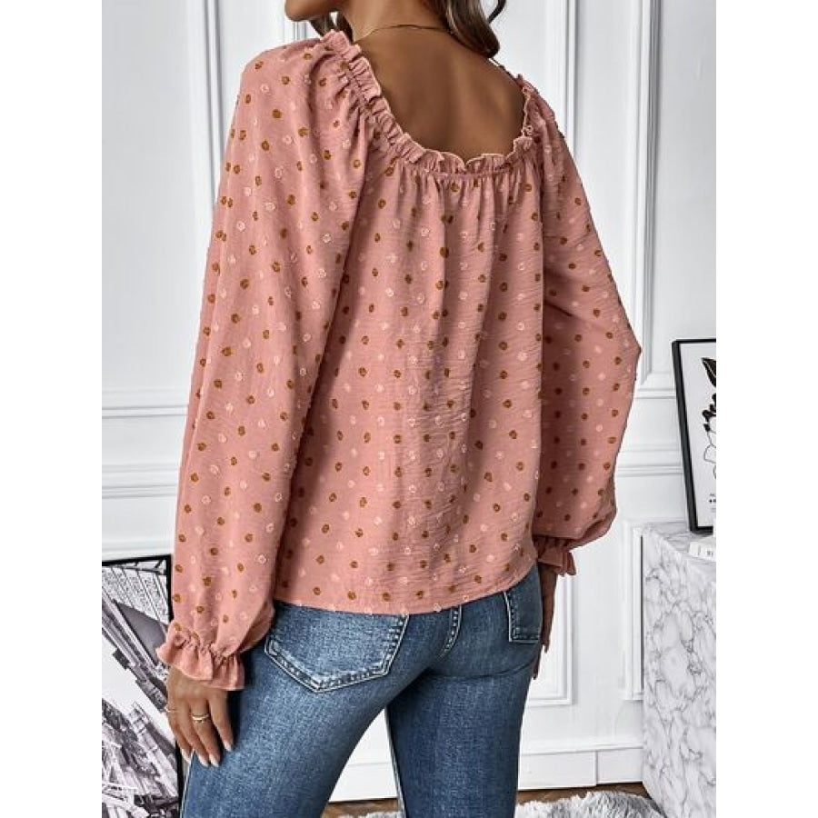 Swiss Dot Square Neck Flounce Sleeve Blouse Apparel and Accessories