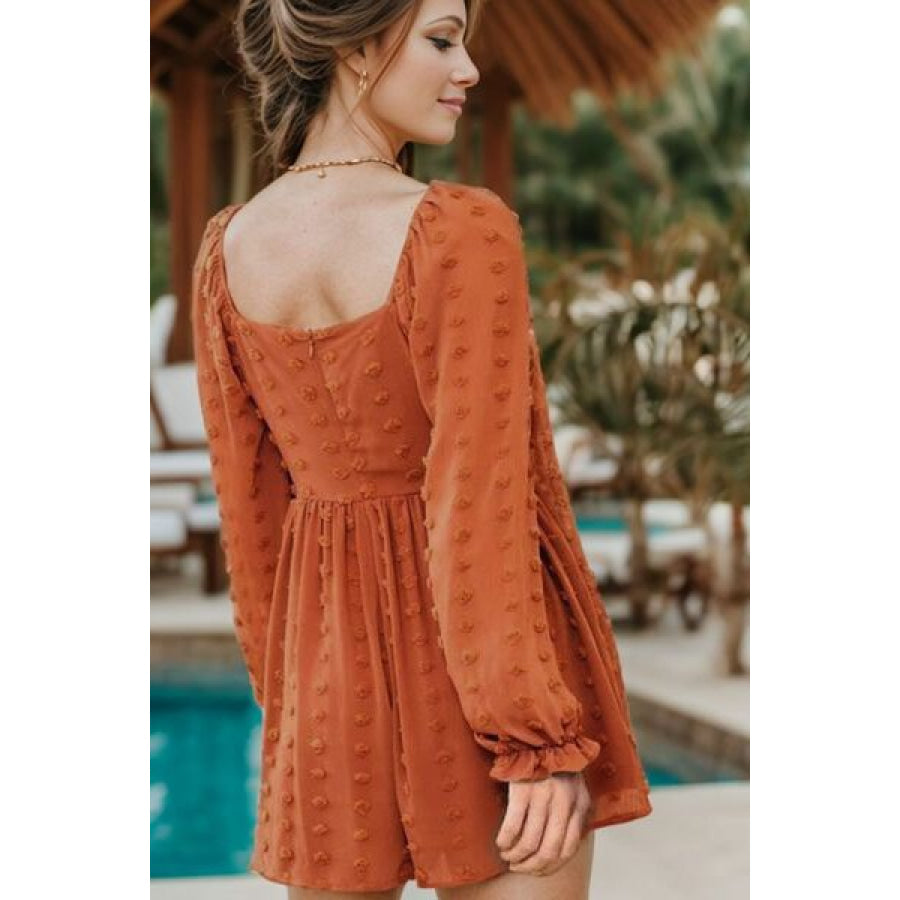 Swiss Dot Square Neck Flounce Sleeve Romper Caramel / S Apparel and Accessories