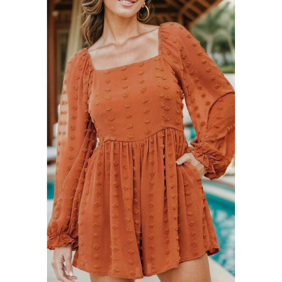 Swiss Dot Square Neck Flounce Sleeve Romper Caramel / S Apparel and Accessories