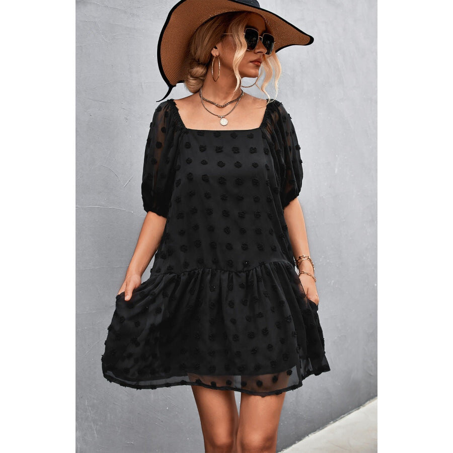 Swiss Dot Square Neck Half Balloon Sleeve Dress Black / S