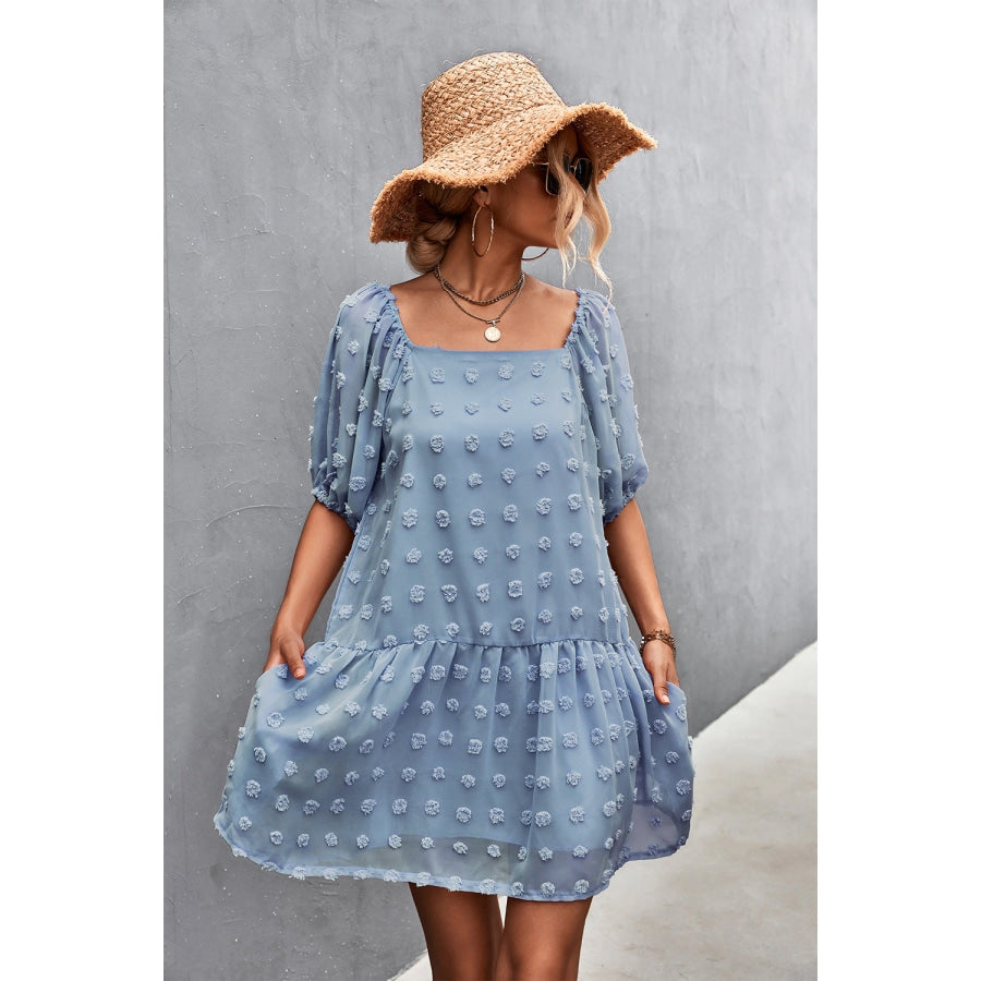 Swiss Dot Square Neck Half Balloon Sleeve Dress Blue / S