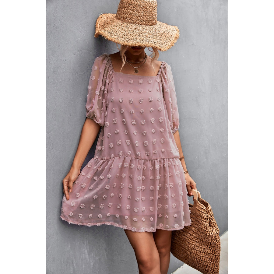 Swiss Dot Square Neck Half Balloon Sleeve Dress Pink / S