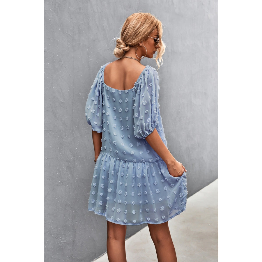 Swiss Dot Square Neck Half Balloon Sleeve Dress