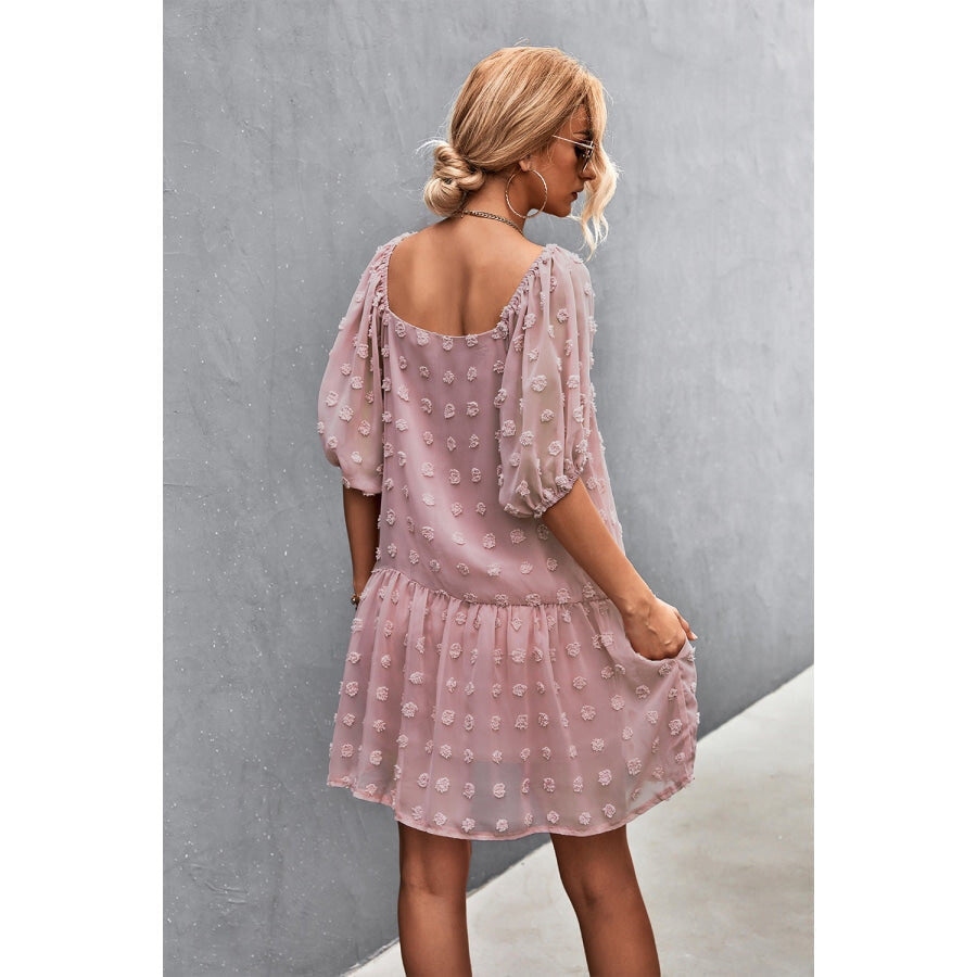 Swiss Dot Square Neck Half Balloon Sleeve Dress