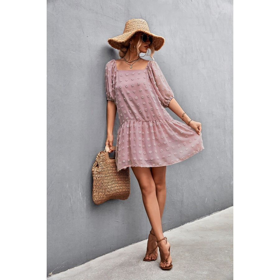 Swiss Dot Square Neck Half Balloon Sleeve Dress