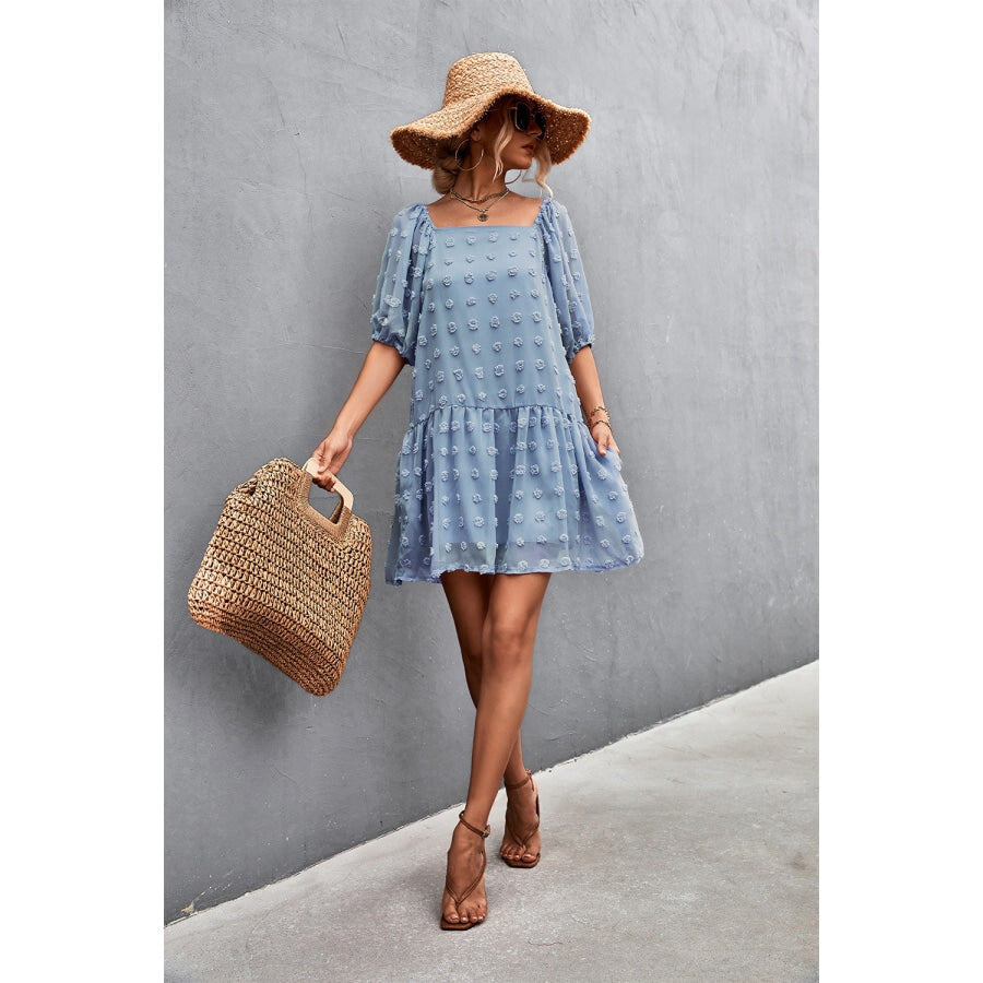 Swiss Dot Square Neck Half Balloon Sleeve Dress