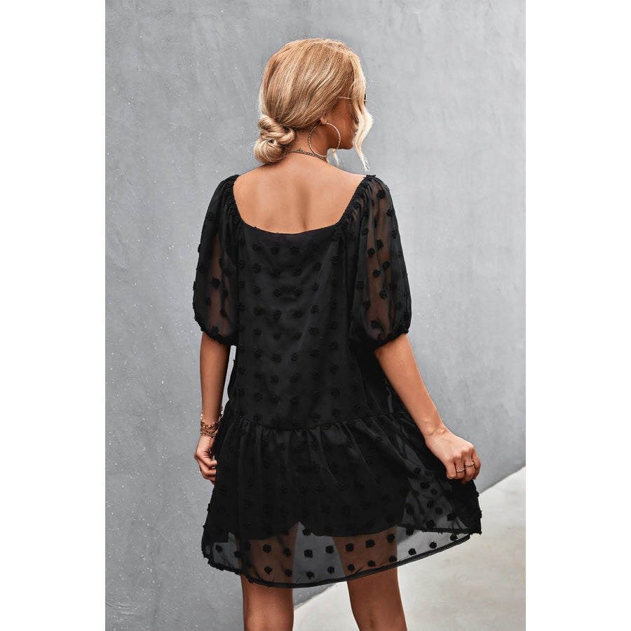 Swiss Dot Square Neck Half Balloon Sleeve Dress