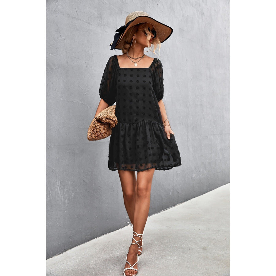 Swiss Dot Square Neck Half Balloon Sleeve Dress