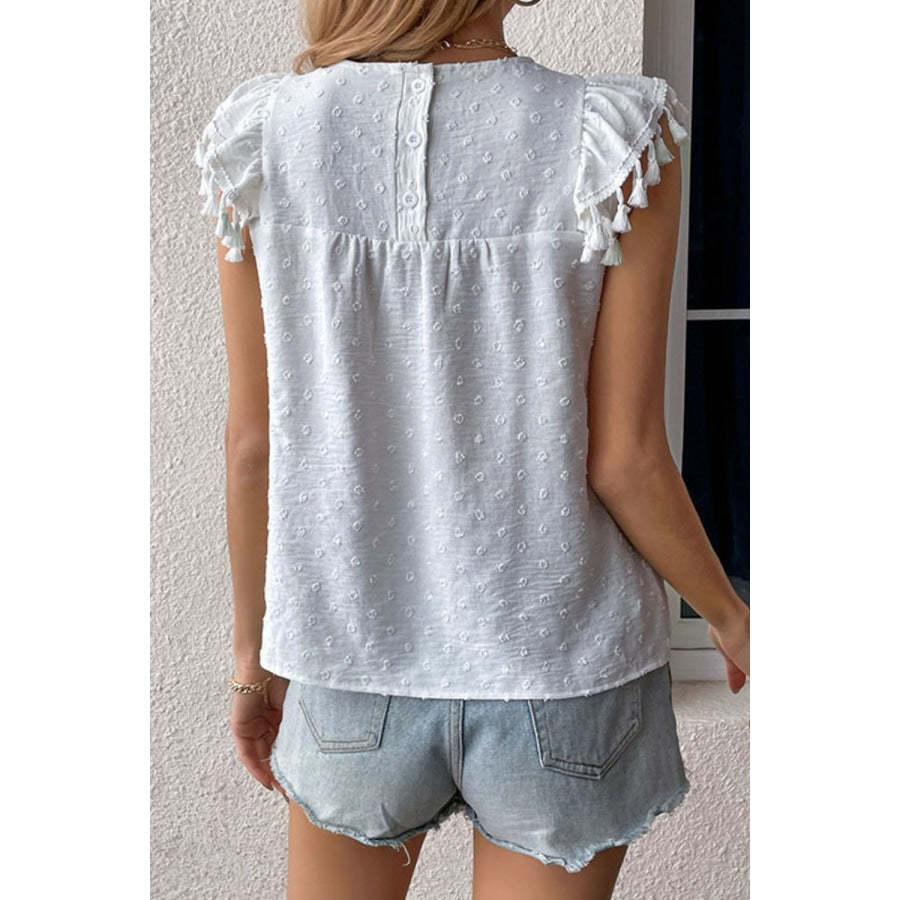 Swiss Dot Tassel Detail Round Neck Blouse White / S