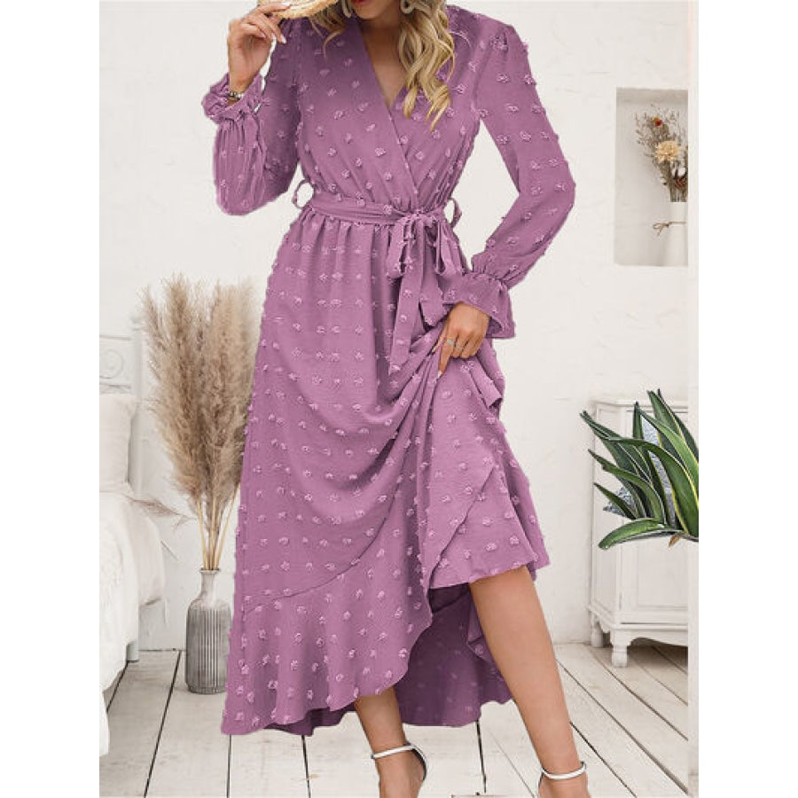 Swiss Dot Tie Waist Flounce Sleeve Dress Clothing