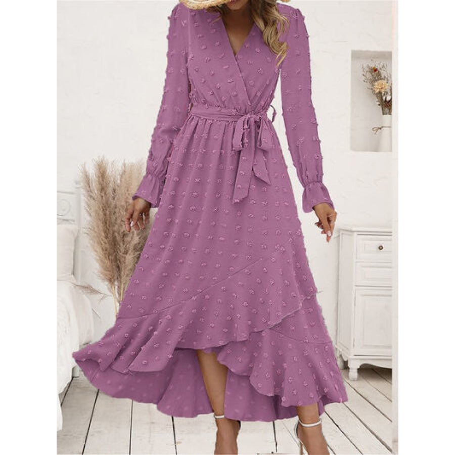 Swiss Dot Tie Waist Flounce Sleeve Dress Lilac / S Clothing