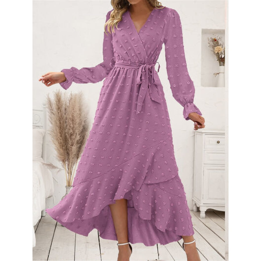 Swiss Dot Tie Waist Flounce Sleeve Dress Lilac / S Clothing