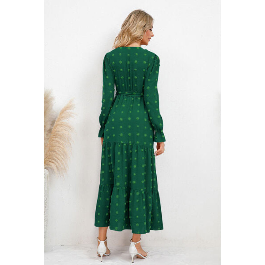 Swiss Dot Tied Surplice Flounce Sleeve Dress Green / S Apparel and Accessories