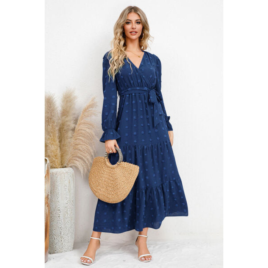 Swiss Dot Tied Surplice Flounce Sleeve Dress Cobald Blue / S Apparel and Accessories