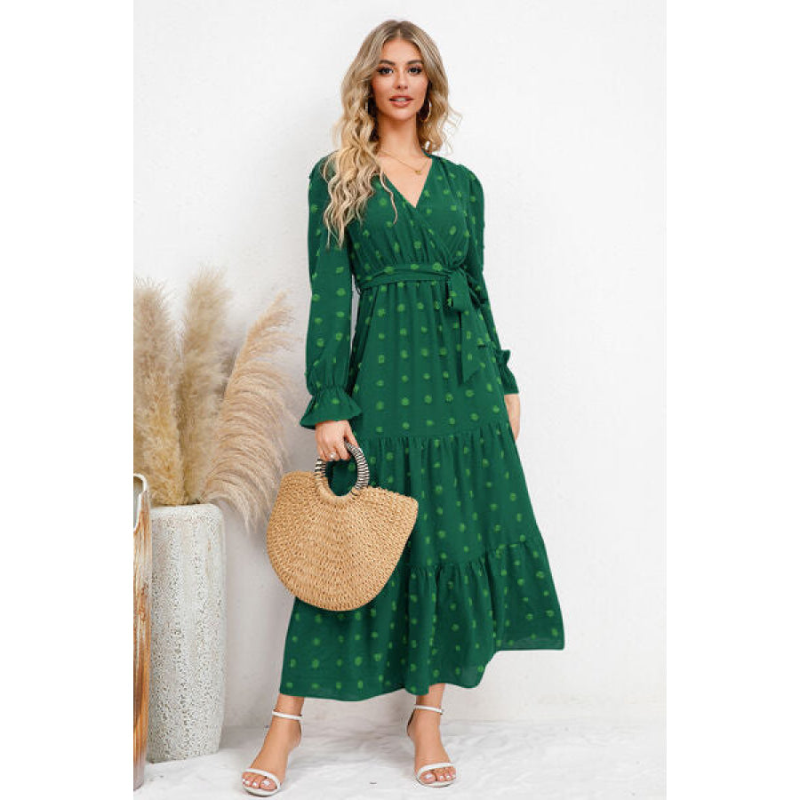 Swiss Dot Tied Surplice Flounce Sleeve Dress Green / S Apparel and Accessories