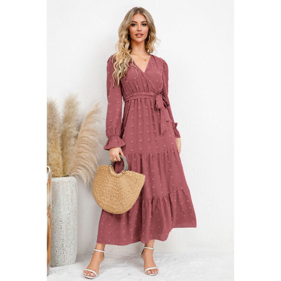 Swiss Dot Tied Surplice Flounce Sleeve Dress Light Mauve / S Apparel and Accessories