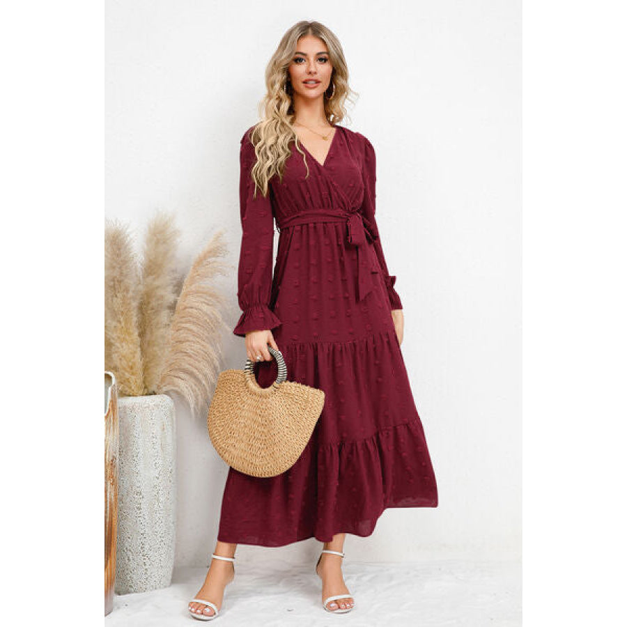 Swiss Dot Tied Surplice Flounce Sleeve Dress Wine / S Apparel and Accessories