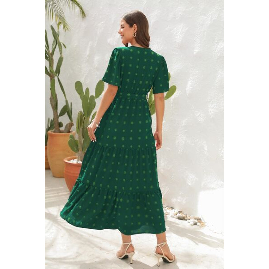 Swiss Dot Tied Surplice Short Sleeve Dress Green / S Apparel and Accessories