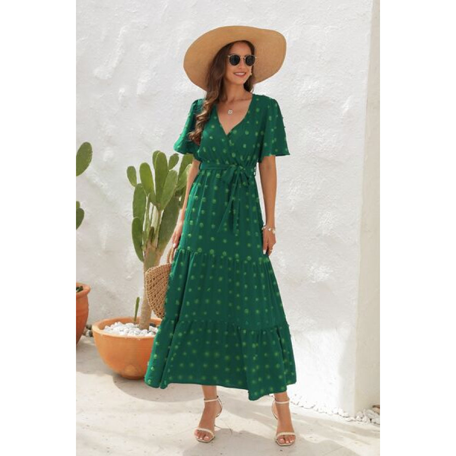 Swiss Dot Tied Surplice Short Sleeve Dress Green / S Apparel and Accessories