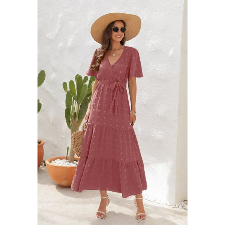 Swiss Dot Tied Surplice Short Sleeve Dress Light Mauve / S Apparel and Accessories