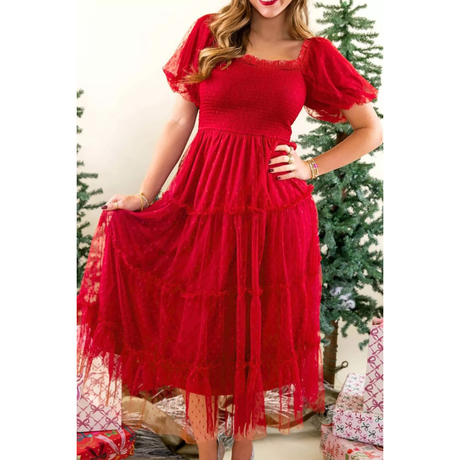 Swiss Dot Tulle Smocked Midi Dress Apparel and Accessories