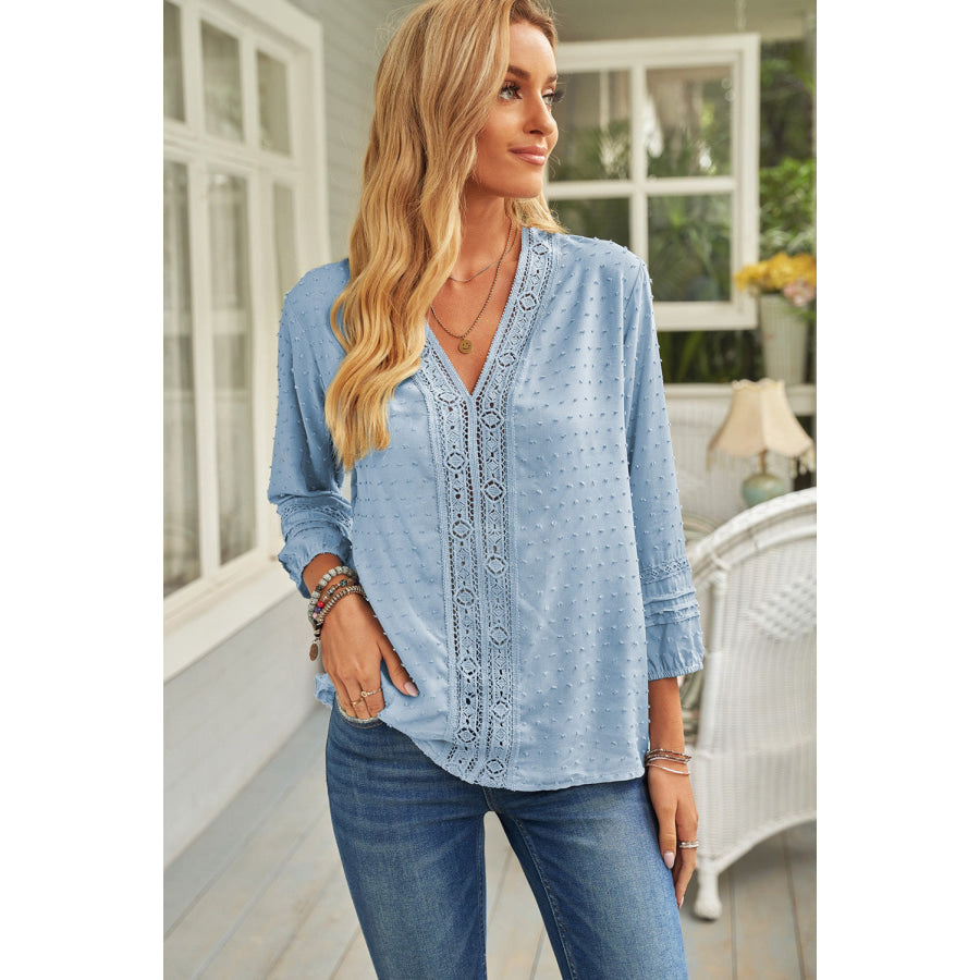 Swiss Dot V - Neck Blouse Misty Blue / S Apparel and Accessories