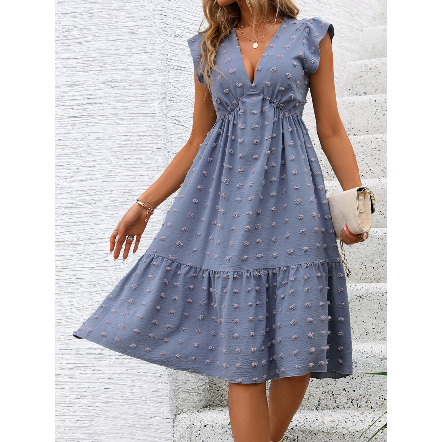 Swiss Dot V - Neck Cap Sleeve Dress Apparel and Accessories