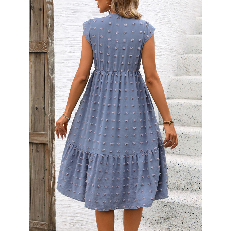 Swiss Dot V - Neck Cap Sleeve Dress Dusty Blue / S Apparel and Accessories