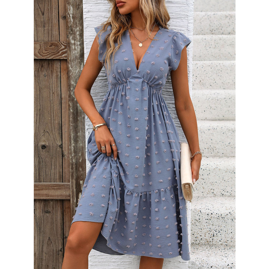 Swiss Dot V - Neck Cap Sleeve Dress Apparel and Accessories