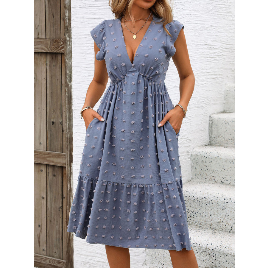 Swiss Dot V - Neck Cap Sleeve Dress Dusty Blue / S Apparel and Accessories