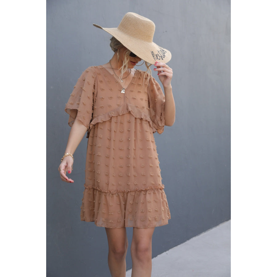 Swiss Dot V - Neck Flutter Sleeve Mini Dress Apparel and Accessories