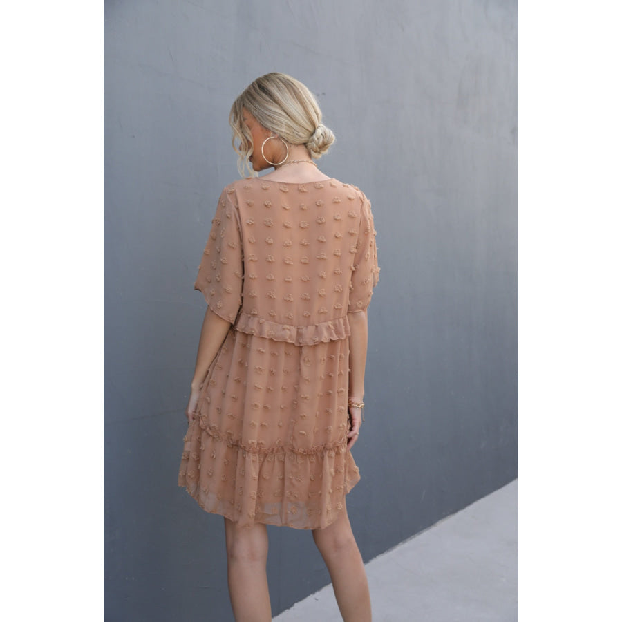 Swiss Dot V - Neck Flutter Sleeve Mini Dress Camel / S Apparel and Accessories