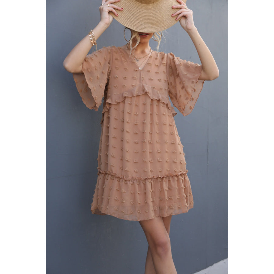 Swiss Dot V - Neck Flutter Sleeve Mini Dress Camel / S Apparel and Accessories