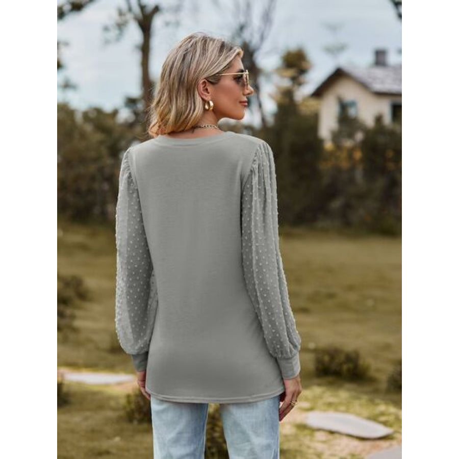 Swiss Dot V - Neck Long Sleeve Blouse Apparel and Accessories