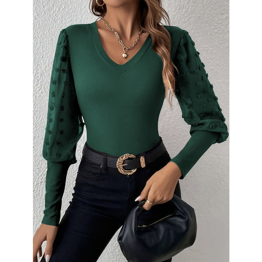 Swiss Dot V-Neck Long Sleeve Top Apparel and Accessories