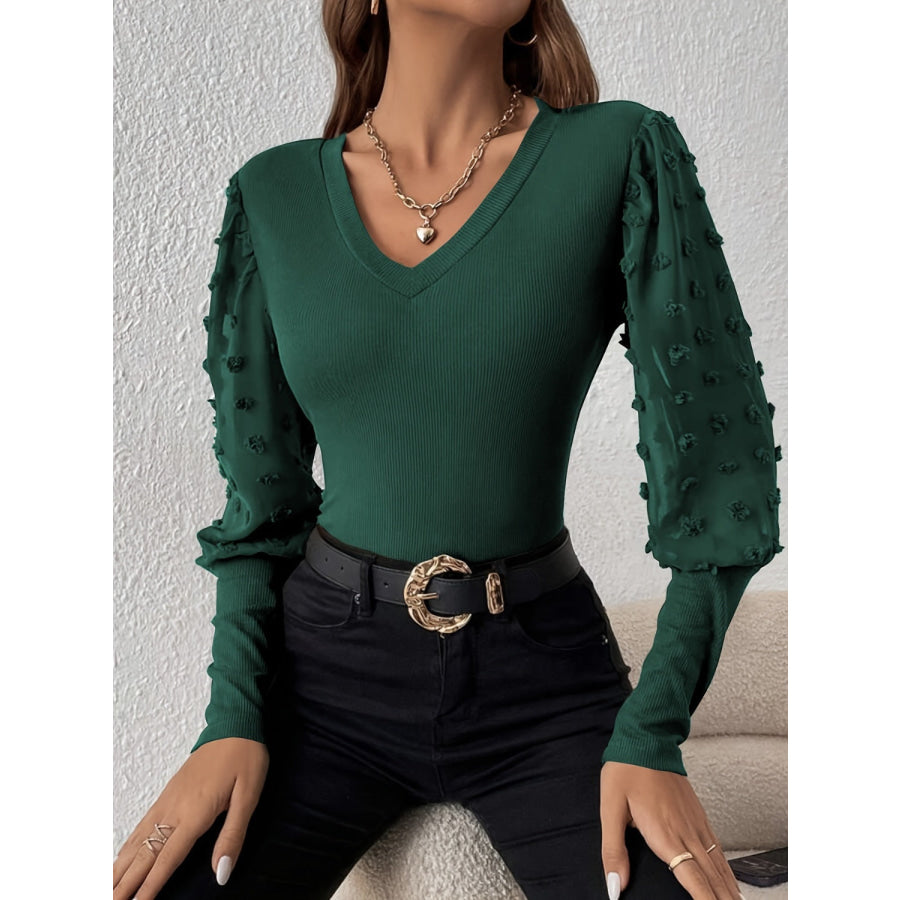 Swiss Dot V-Neck Long Sleeve Top Apparel and Accessories