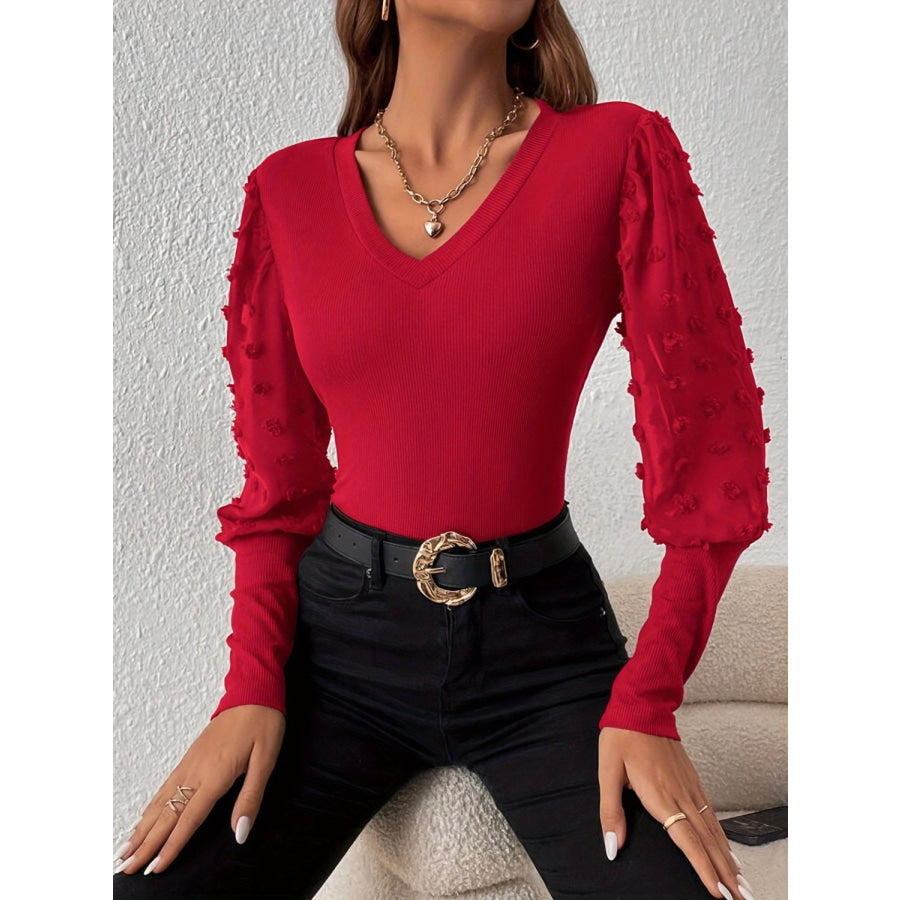 Swiss Dot V-Neck Long Sleeve Top Apparel and Accessories