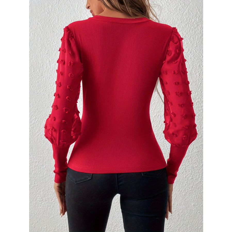 Swiss Dot V-Neck Long Sleeve Top Apparel and Accessories