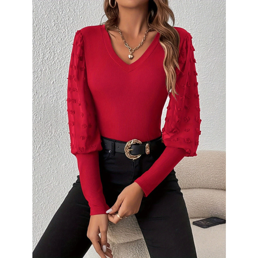 Swiss Dot V-Neck Long Sleeve Top Apparel and Accessories