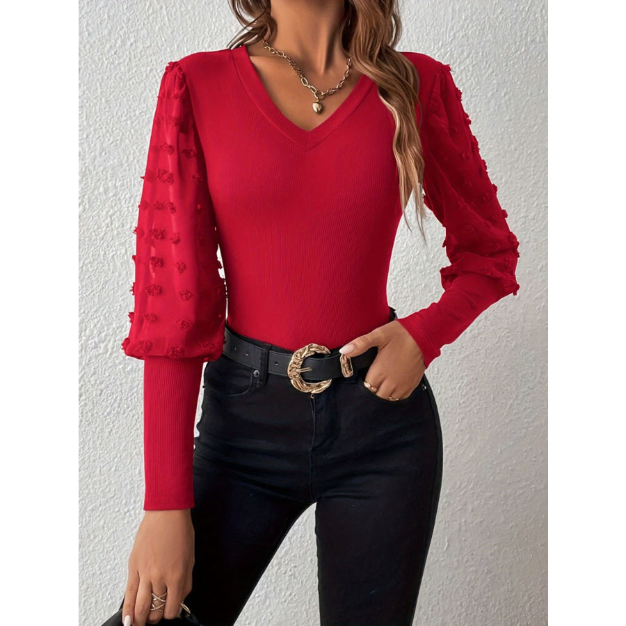 Swiss Dot V-Neck Long Sleeve Top Apparel and Accessories