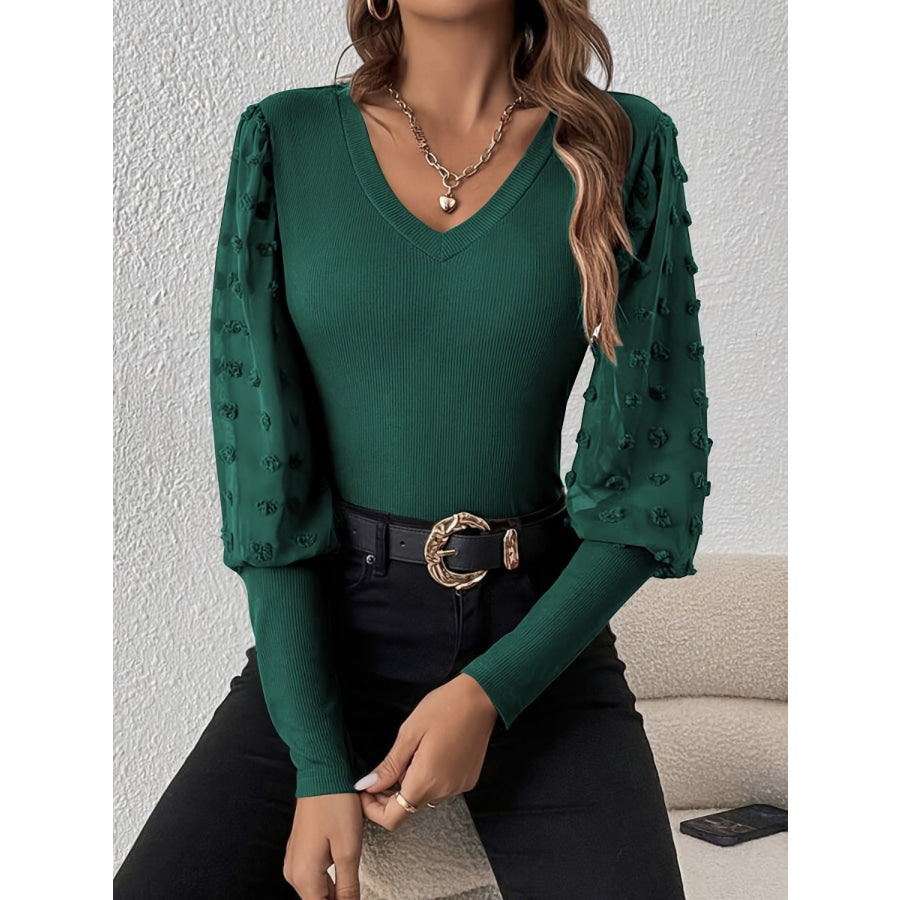 Swiss Dot V-Neck Long Sleeve Top Apparel and Accessories