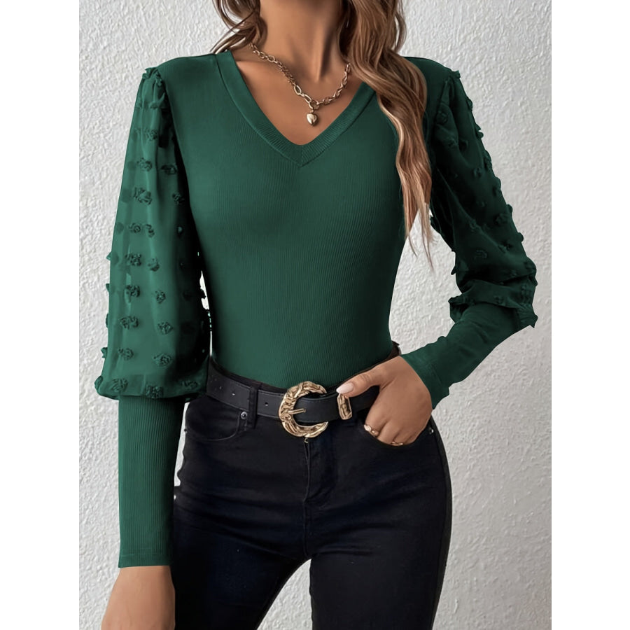 Swiss Dot V-Neck Long Sleeve Top Dark Green / S Apparel and Accessories