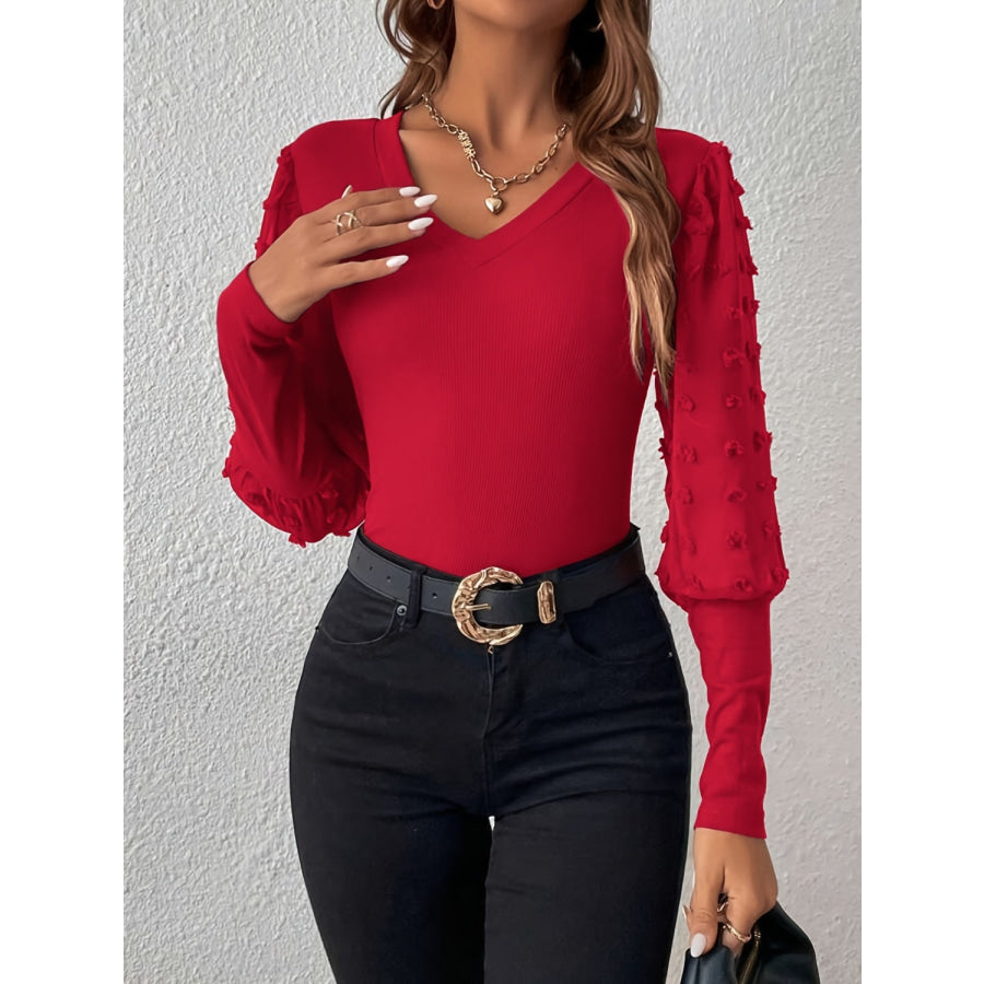 Swiss Dot V-Neck Long Sleeve Top Deep Red / S Apparel and Accessories