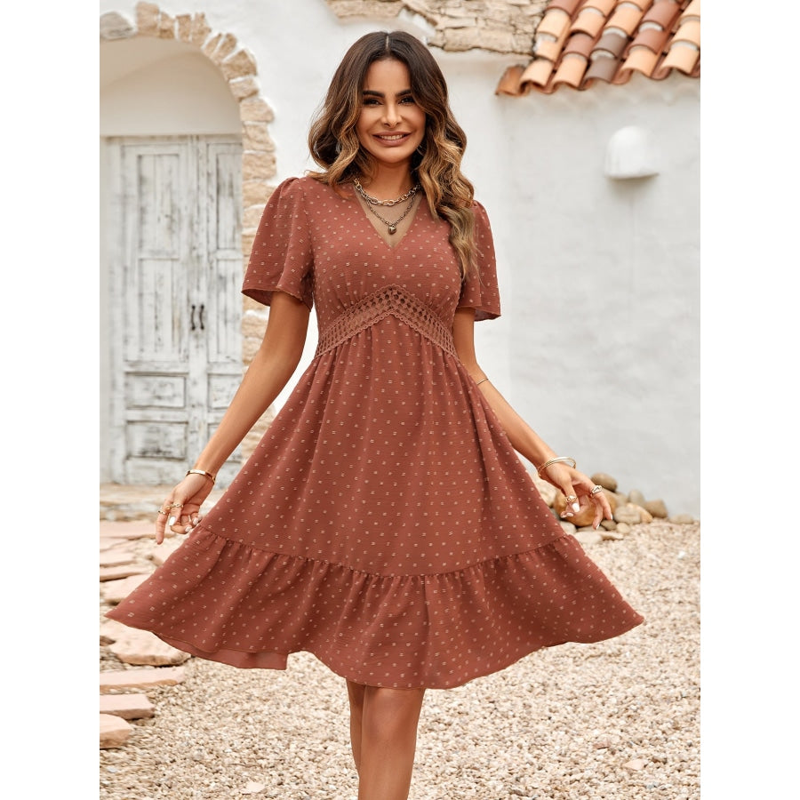 Swiss Dot V-Neck Openwork Puff Sleeve Dress Brick Red / S